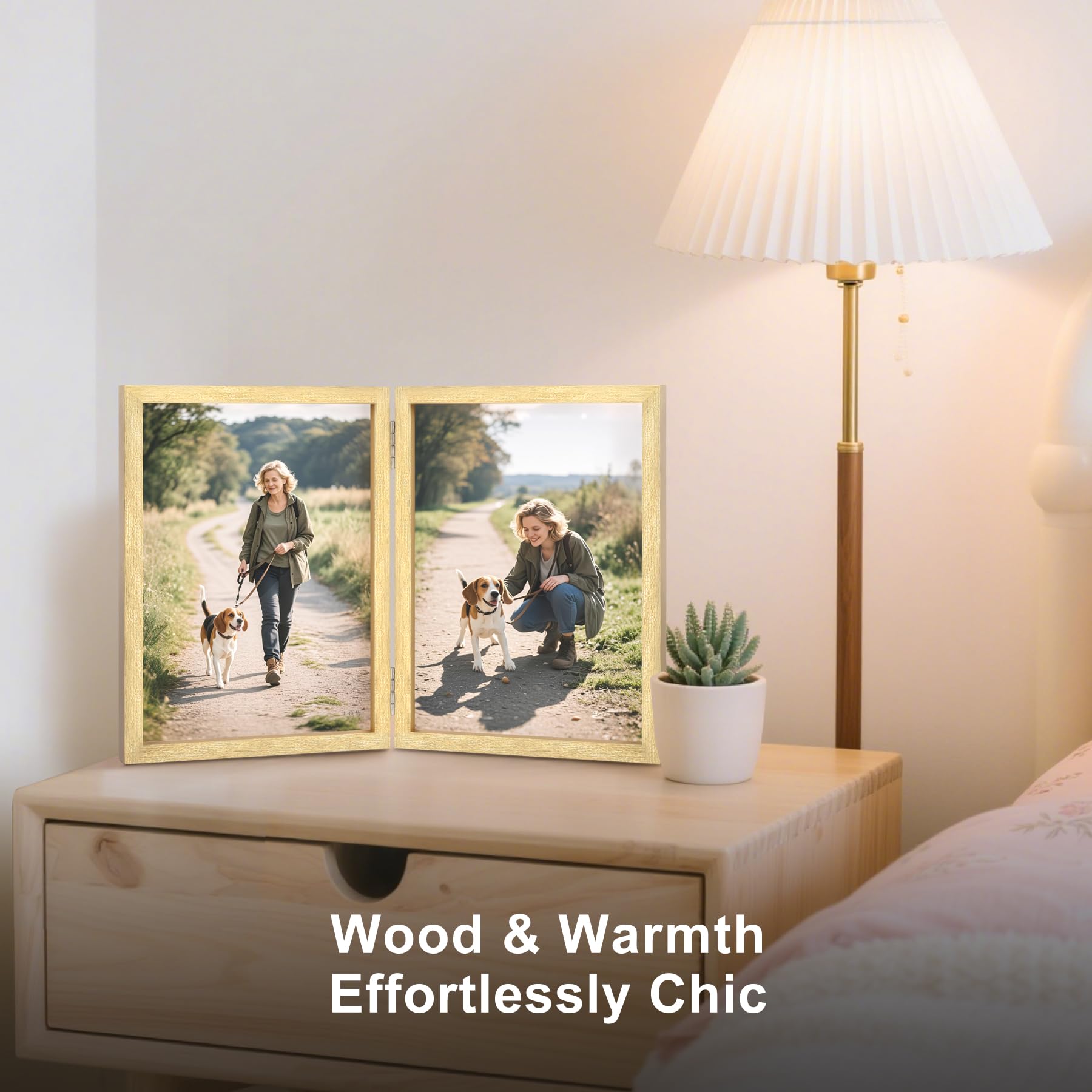 4x6 Double Picture Frame Wooden Hinged Photo Frame Definition Glass Stand Vertically on Desktop or Tabletop Gold